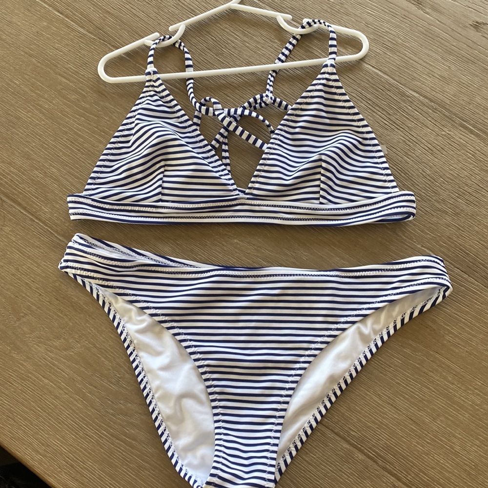 Navy and white striped bikini